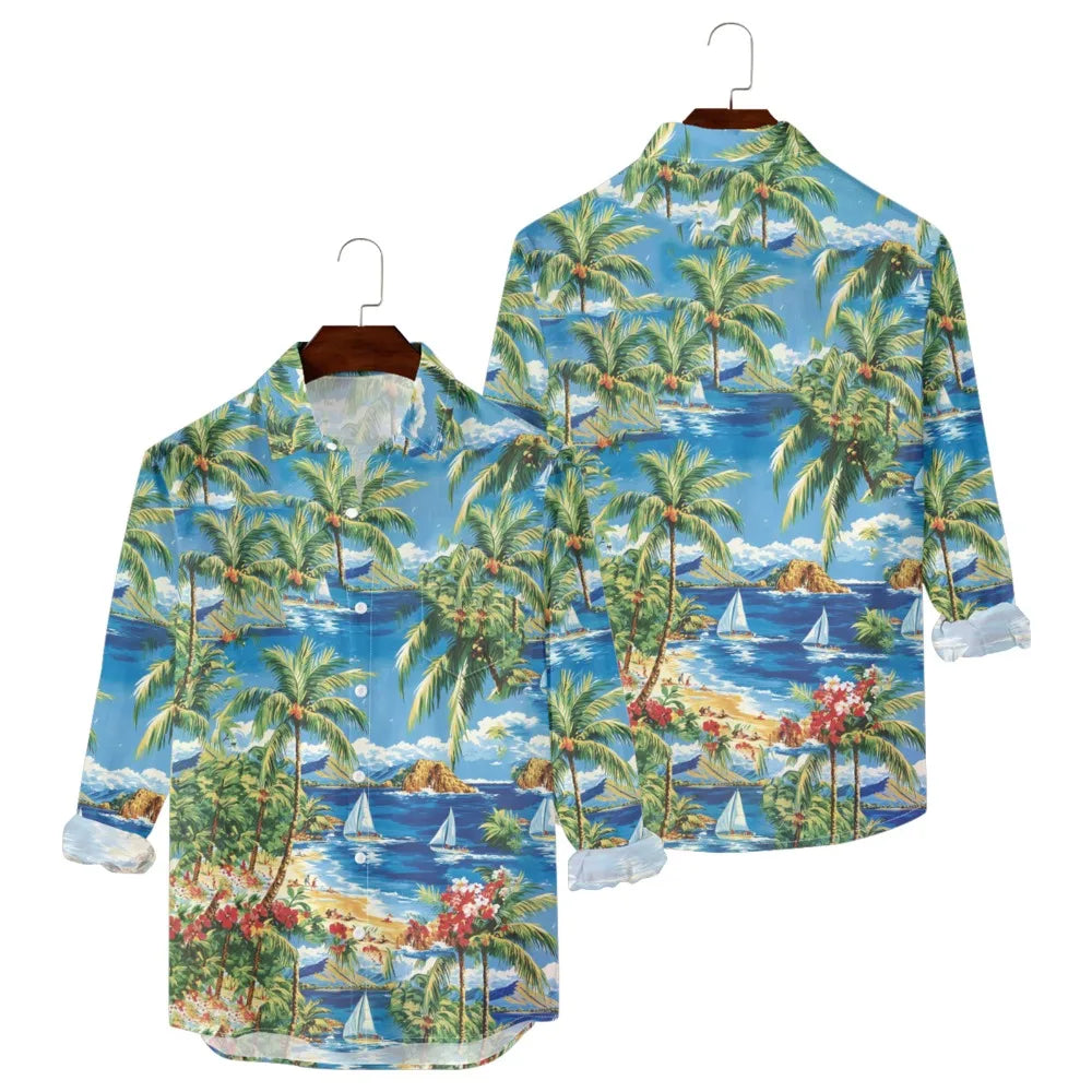 Hawaiian Men Shirts Sunset Ombre Palm Printed Full Sleeve Streetwear Button Up Casual Vacay Beach Parties Poolside Shirt Pocket