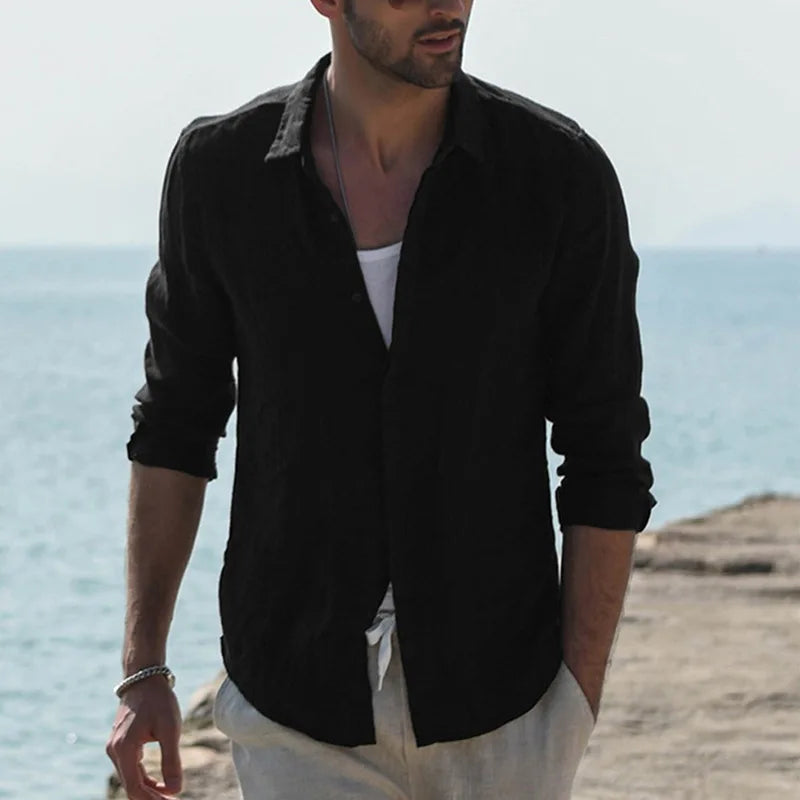 Men's Solid-Color Shirt - Made of Linen - With Standing Collar at the Cuffs - Lightweight Beach Shirt