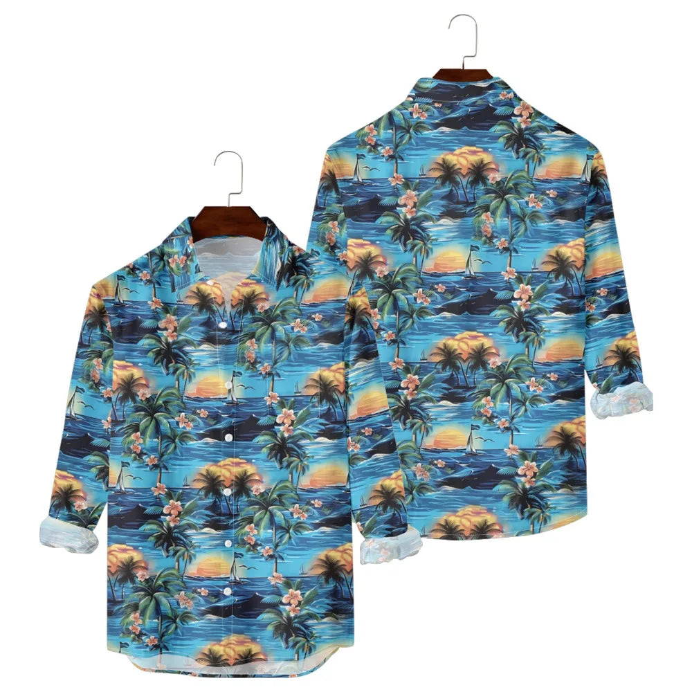Hawaiian Men Shirts Sunset Ombre Palm Printed Full Sleeve Streetwear Button Up Casual Vacay Beach Parties Poolside Shirt Pocket