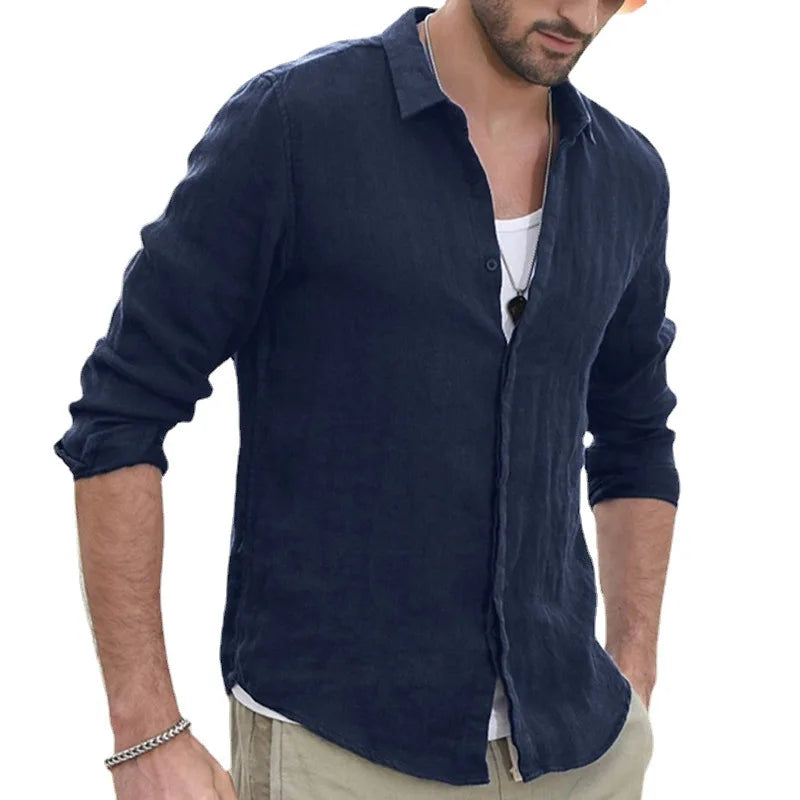 Men's Solid-Color Shirt - Made of Linen - With Standing Collar at the Cuffs - Lightweight Beach Shirt