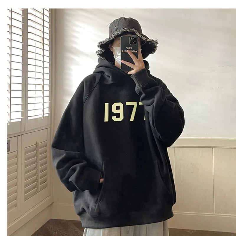 Hoodie Men Autumn New 1977 Printed Coat Loose Harajuku Hooded Pullover Men's Fashion All-match Long-sleeved Men Hoodies