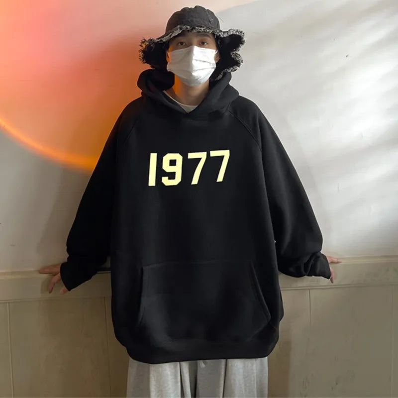 Hoodie Men Autumn New 1977 Printed Coat Loose Harajuku Hooded Pullover Men's Fashion All-match Long-sleeved Men Hoodies