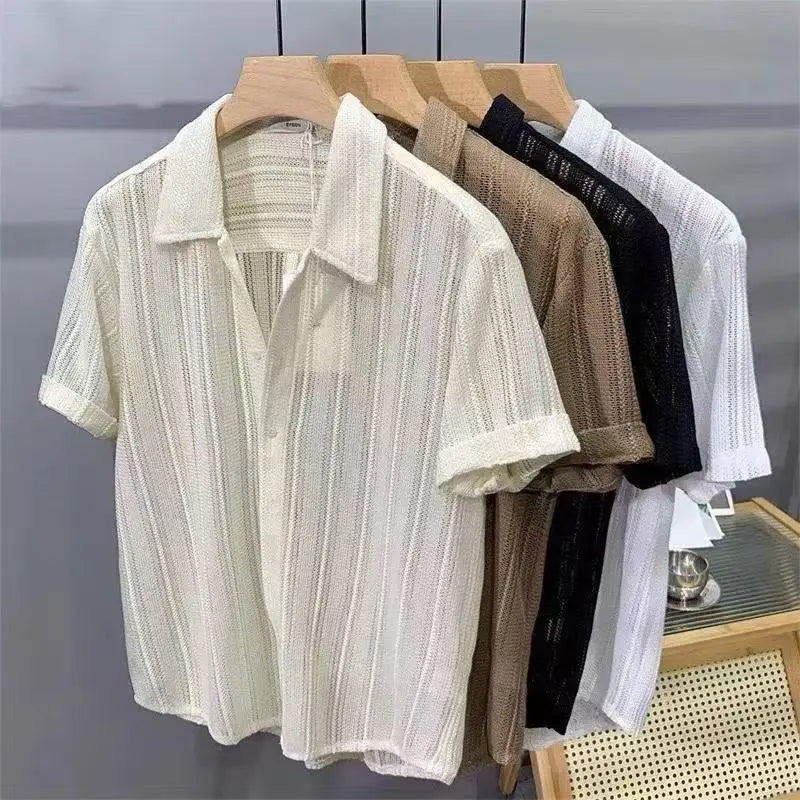 Men's Tops Hollow Short-sleeve Shirt Men Summer Thin Trendy Handsome French Light Luxury Drape Hawaiian Shirts
